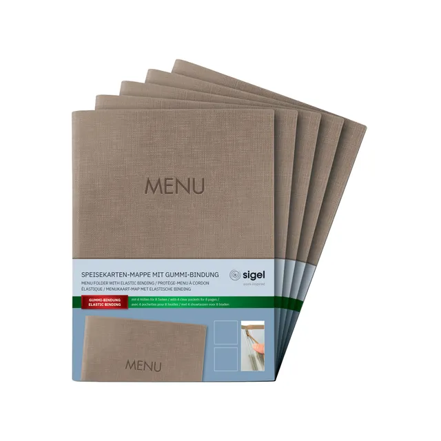 sigel-speisekartenmappe-a5-beige-5er-pack-mit-gummibindung image 1