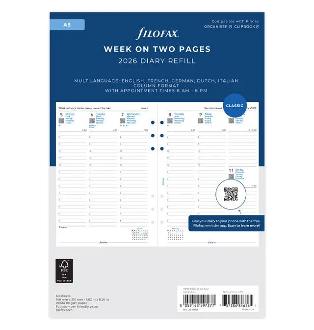 filofax-kalendereinlage-a5-2026-1-woche-auf-2-seiten-multilingual image 1