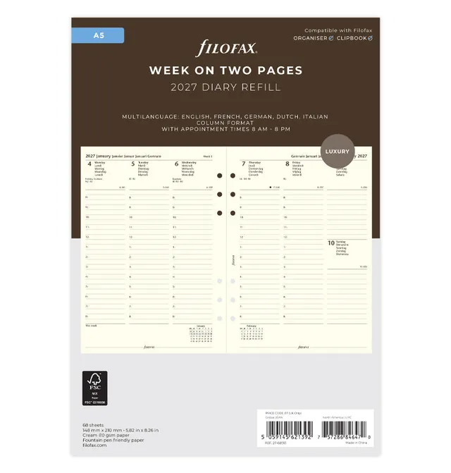 filofax-kalendereinlage-a5-2027-multilingual-cotton-cream-1-woche-2-seiten image 1