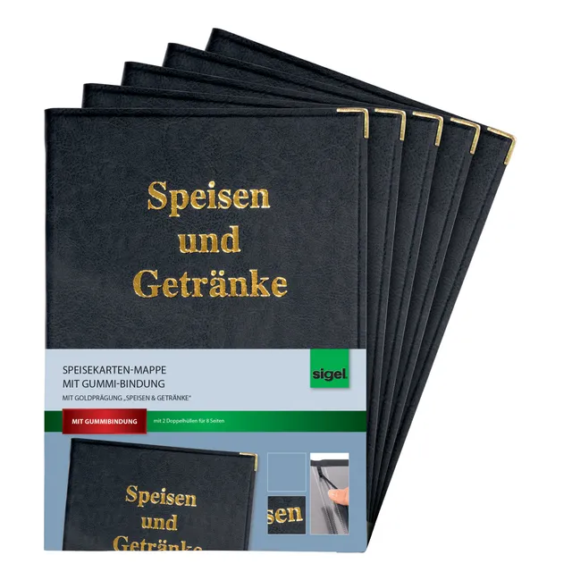 sigel-sm100-5-speisekarten-mappen-a4-mit-gummi-bindung-5er-pack-schwarz-goldpr-g image 1