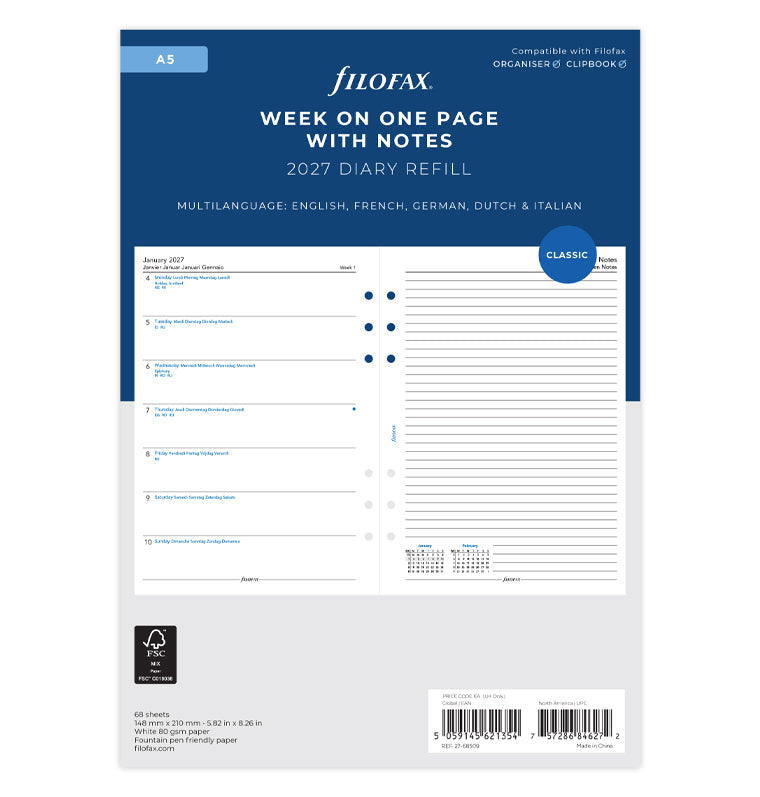 filofax-kalendereinlage-2027-a5-1-woche-1-seite-notizen-multilingual image 1