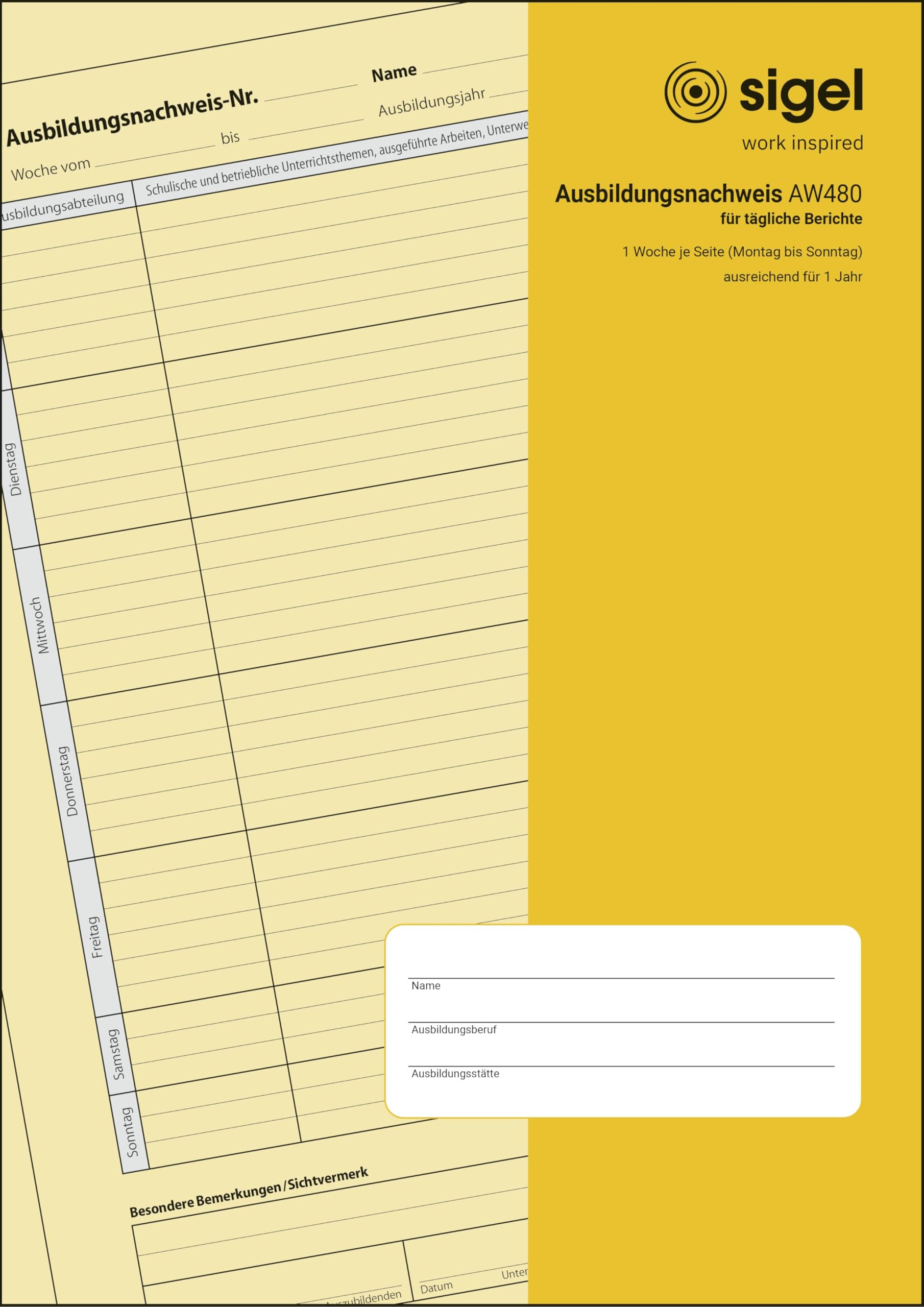 sigel-aw480-ausbildungsnachweisheft-din-a4-t-glich-28-blatt-f-r-1-jahr image 1