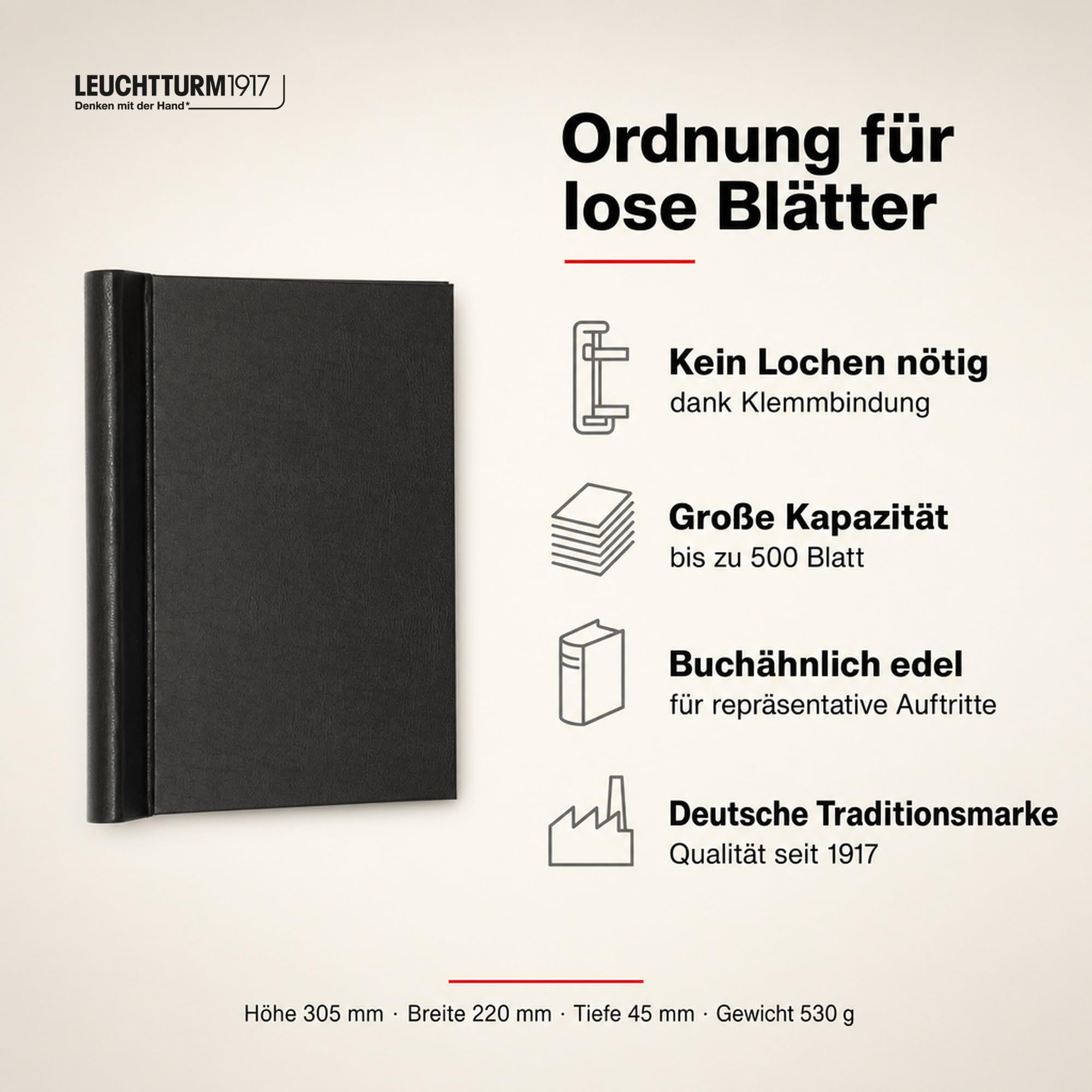 leuchtturm1917-peka-klemmbinder-a4-schwarz-klemmmappe-ohne-lochen-bis-500-blatt image 2