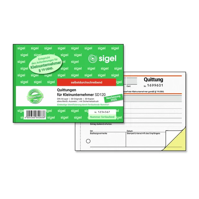 sigel-quittungsblock-kleinunternehmer-a6-quer-2x30-blatt image 1