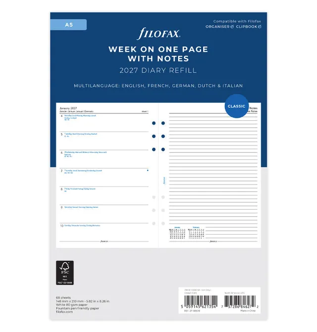 filofax-kalendereinlage-2027-a5-1-woche-1-seite-notizen-multilingual image 1