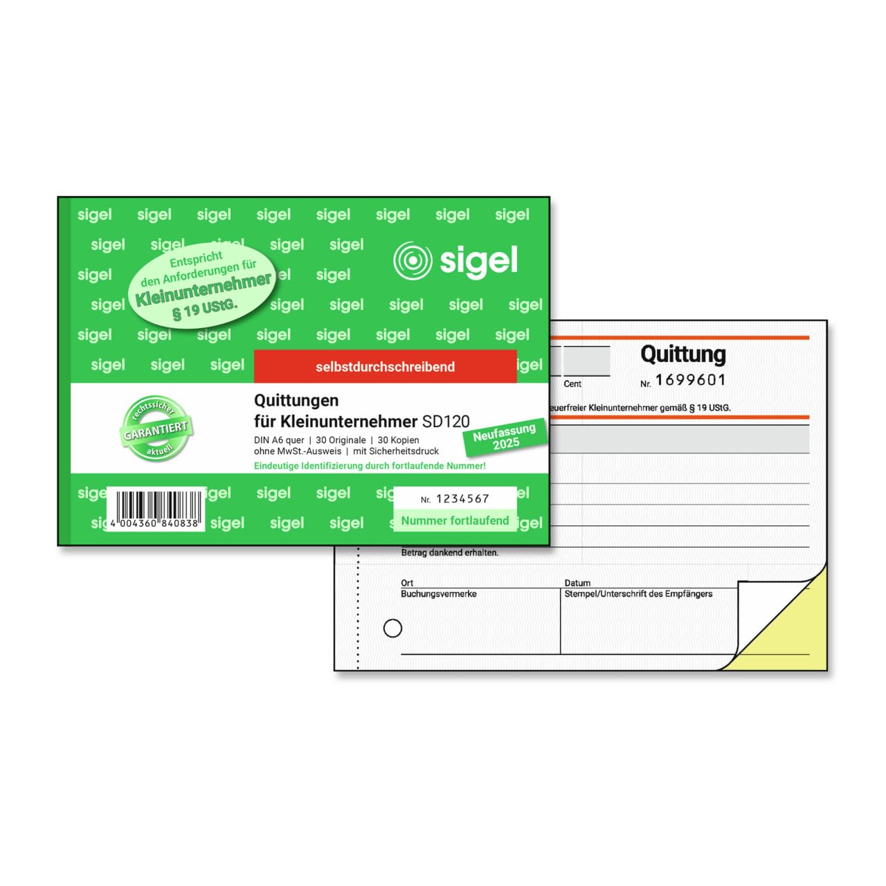 sigel-quittungsblock-kleinunternehmer-a6-quer-2x30-blatt image 1