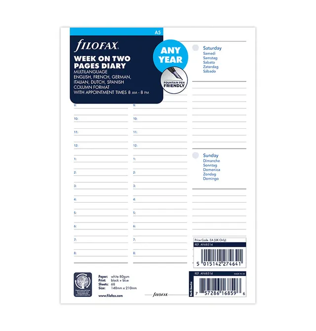filofax-any-year-a5-kalendereinlage-1-woche-2-seiten-undatiert-multilingual image 1