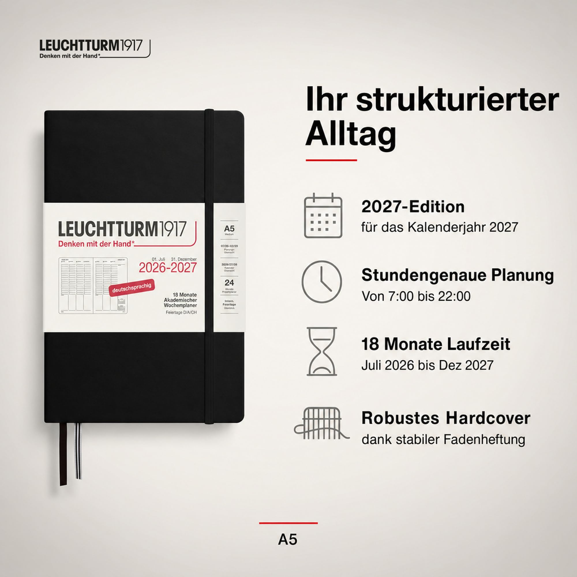 leuchtturm1917-wochenplaner-2027-medium-a5-schwarz-deutsch-18-monate-stundenrast image 2