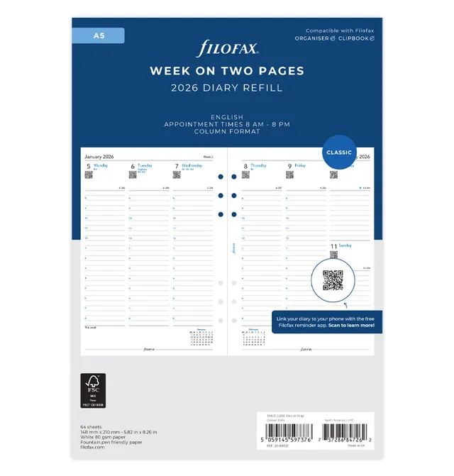 filofax-2026-wochenkalender-1-woche-2-seiten-englisch-a5-organiser-einlage image 1