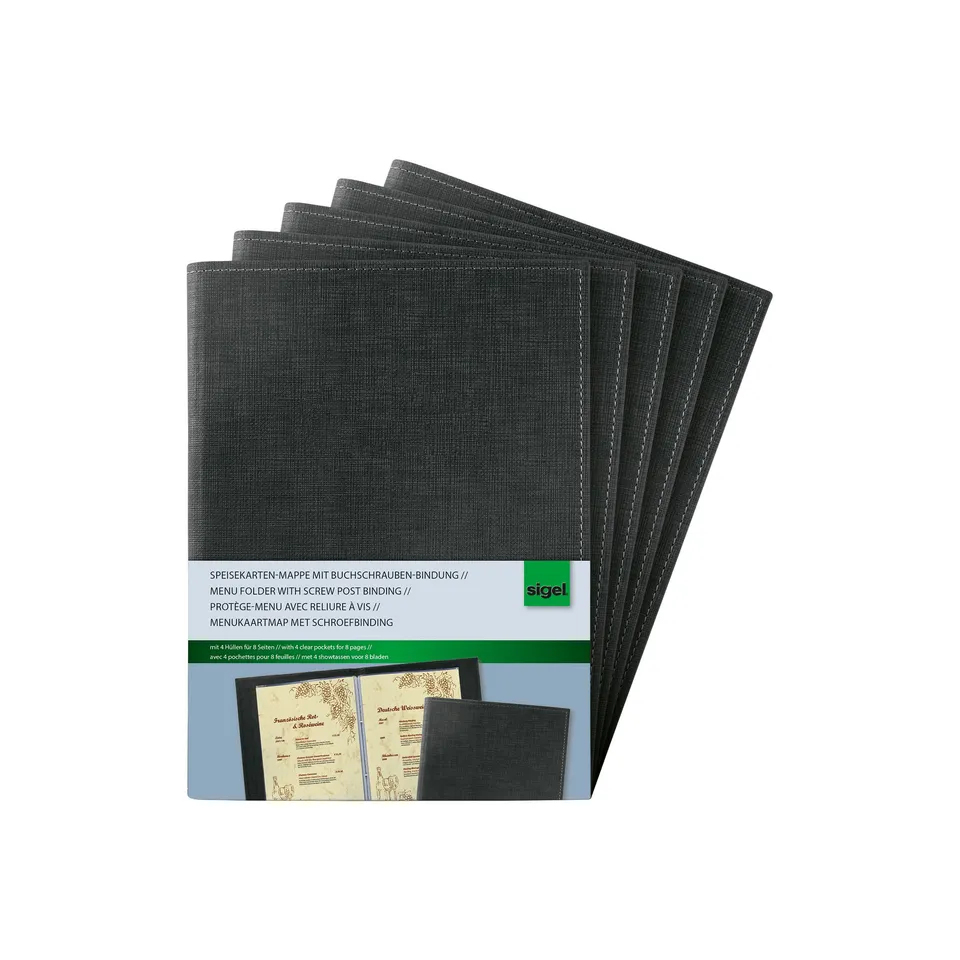 sigel-speisekarten-mappe-a5-mit-buchschrauben-5er-pack-schwarz-leinenstruktur image 1