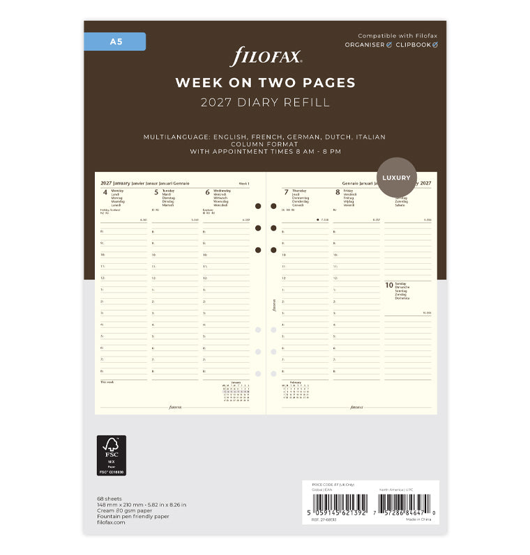 filofax-kalendereinlage-a5-2027-multilingual-cotton-cream-1-woche-2-seiten image 1