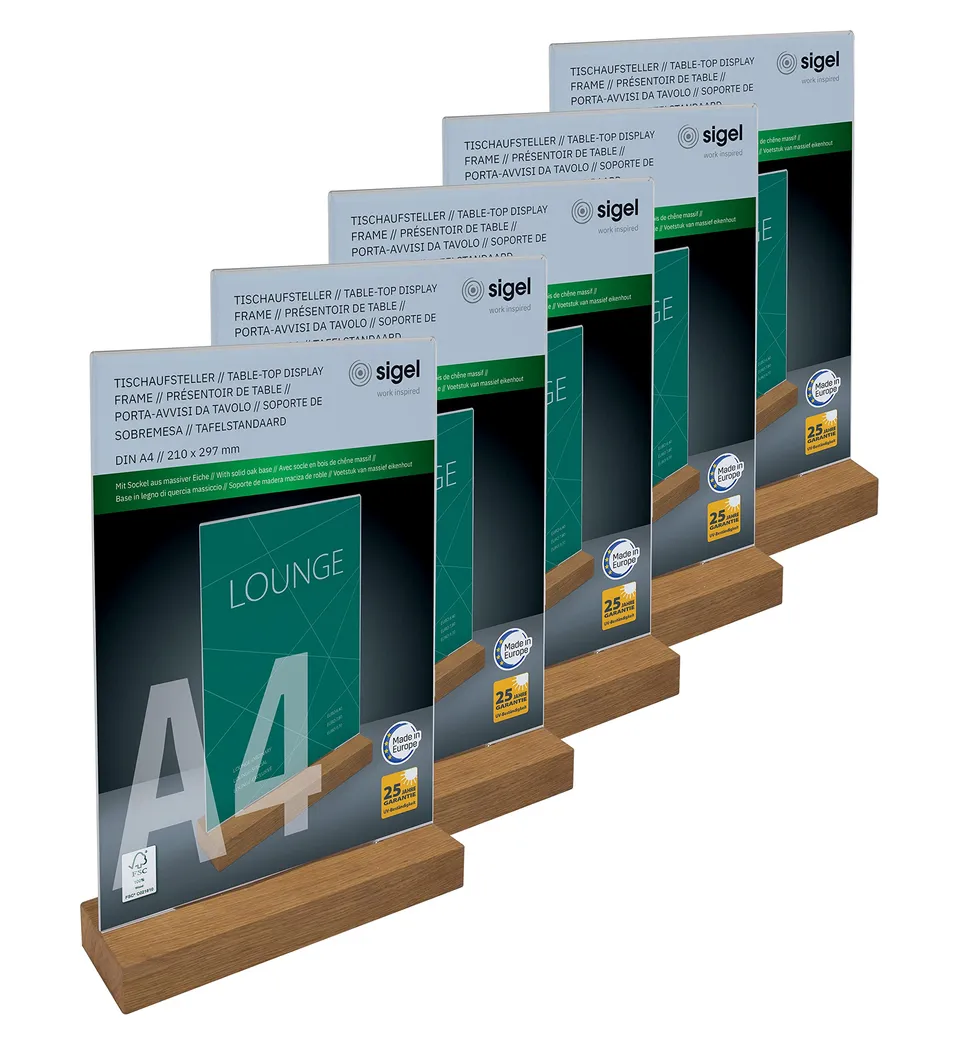 sigel-tischaufsteller-a4-hoch-acryl-mit-eichenholz-sockel-5er-pack image 1