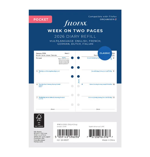 filofax-kalendereinlage-1-woche-2-seiten-pocket-2026-multilingual image 1