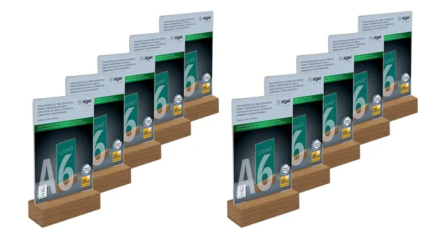 sigel-tischaufsteller-a6-hoch-acryl-mit-eichenholz-sockel-10er-pack image 1