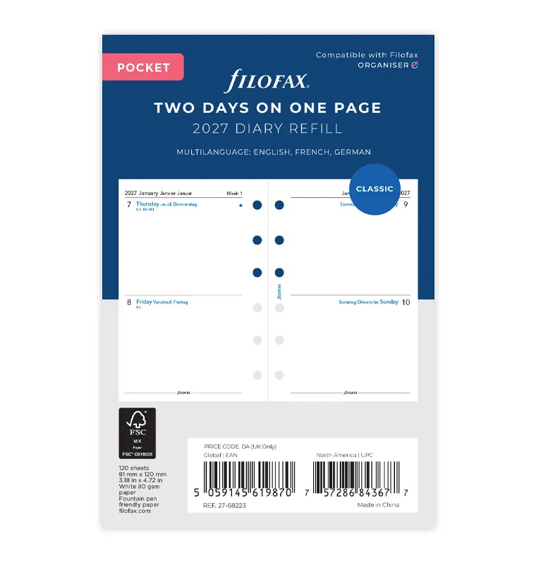 filofax-2027-pocket-kalendereinlage-2-tage-1-seite-multilingual-diary-refill image 1