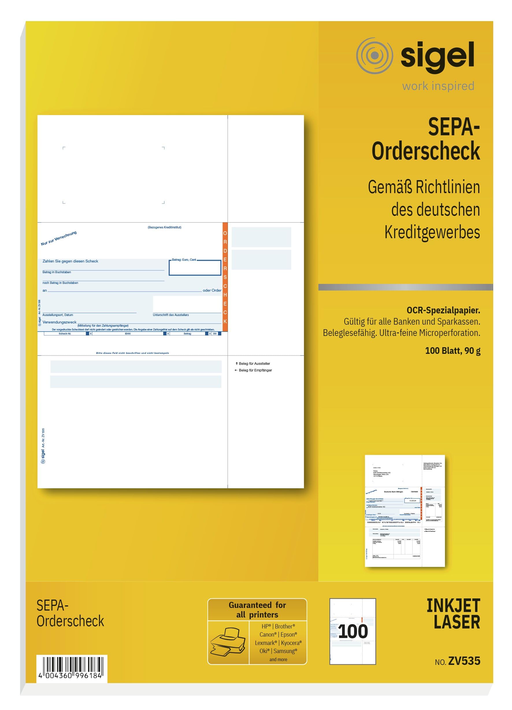 sigel-zv535-sepa-orderscheck-a4-formularblock-100-blatt image 1