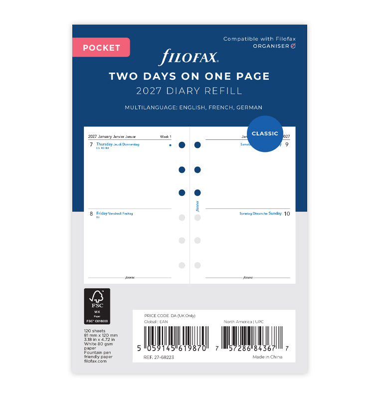 filofax-2027-pocket-kalendereinlage-2-tage-1-seite-multilingual-diary-refill image 1