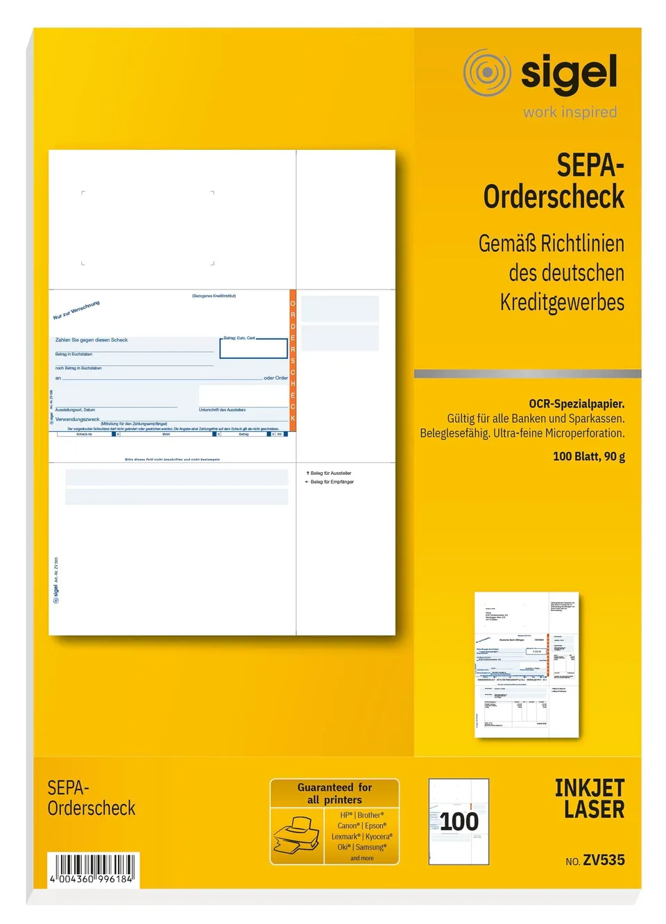 sigel-zv535-sepa-orderscheck-a4-formularblock-100-blatt image 1