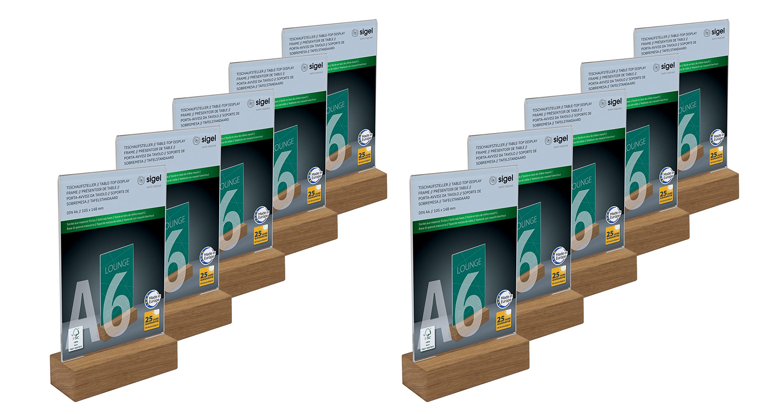 sigel-tischaufsteller-a6-hoch-acryl-mit-eichenholz-sockel-10er-pack image 1