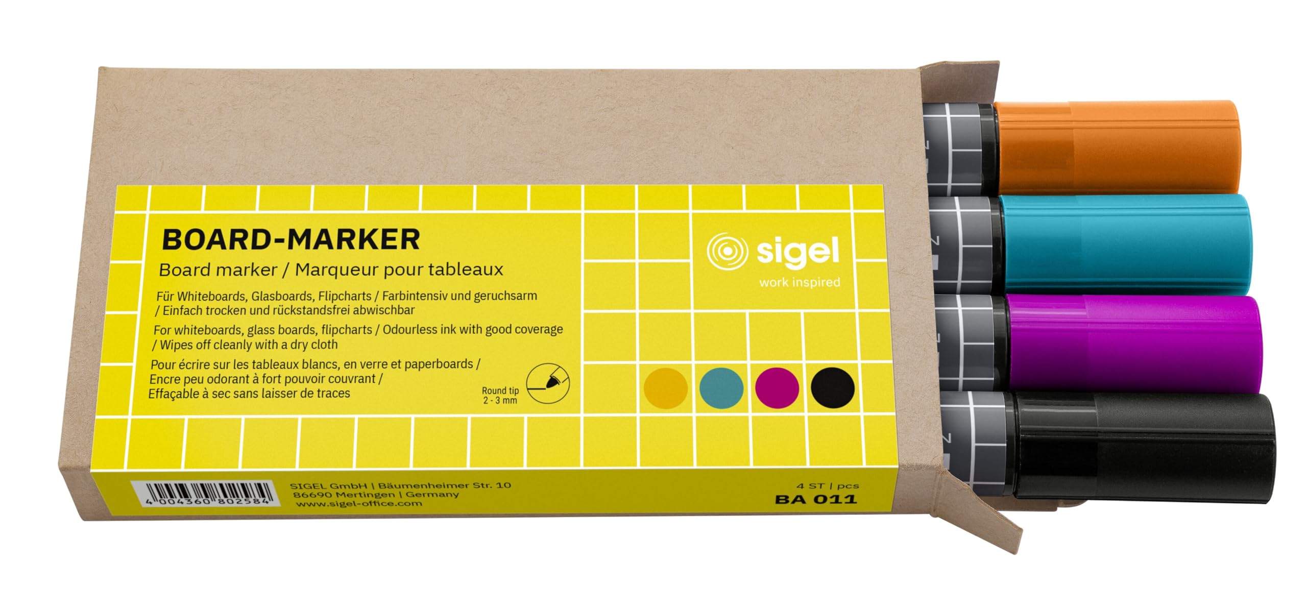 sigel-board-marker-set-4-st-ck-rundspitze-2-3-mm-schwarz-t-rkis-magenta-orange image 1