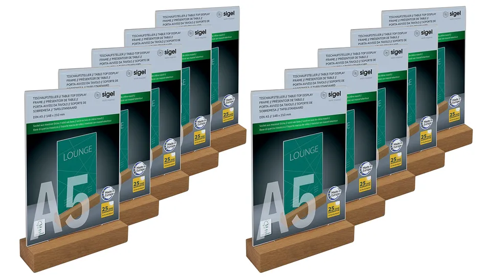 sigel-tischaufsteller-a5-hoch-acryl-mit-eichenholz-sockel-10er-pack image 1